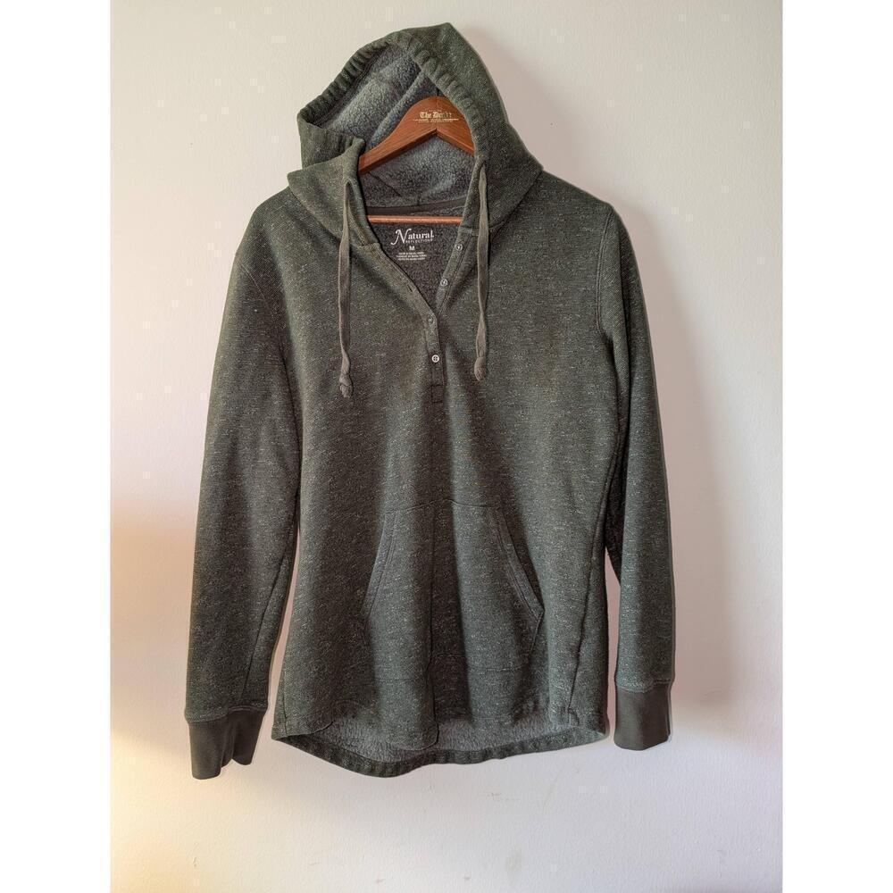 Natural Reflections Mens Hoodie Medium Dark Green Pullover 3 Button Kangaroo